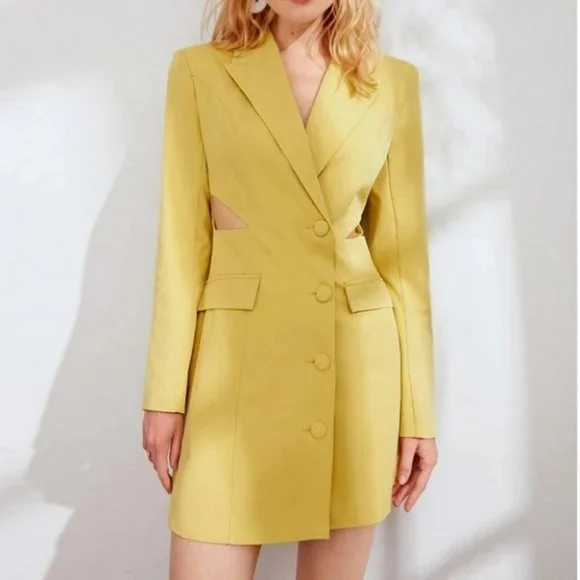 side cut out buttoned blazer dress chic classy elegant fall winter trend yellow - Picture 3 of 7